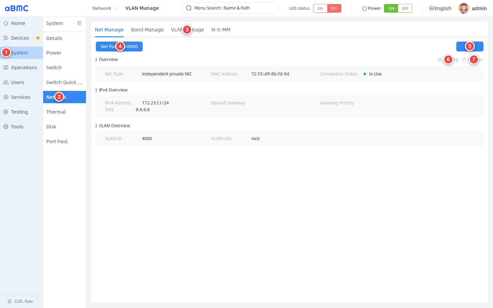 打开 VLAN Manage：1 选择 System，2 选择 Network，3 选择 VLAN Manage，4 选择 VLAN，5 新增，6 修改，7 删除