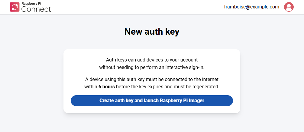 Raspberry Pi Connect 新认证密钥页面。