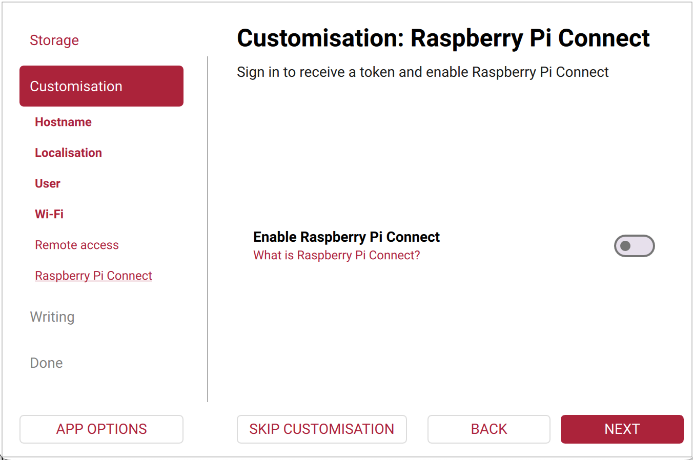 Imager 操作系统自定义 Raspberry Pi Connect 选项卡。