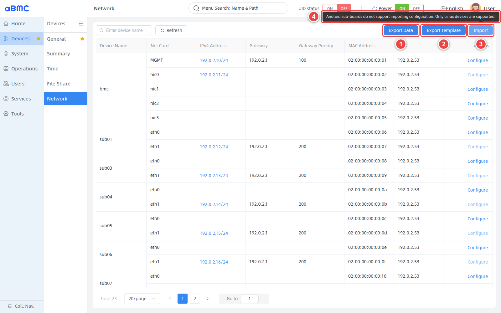 文件操作与导入限制:1 Export Data,2 Export Template,3 Import,4 Android 子板不支持导入且仅支持 Linux 设备