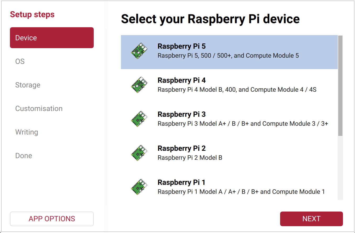 Raspberry Pi Imager 设备选项卡。