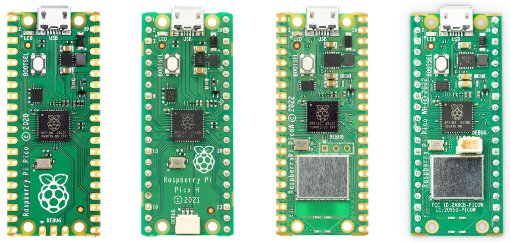 四种 Raspberry Pi Pico 变体；从左到右：Raspberry Pi Pico、Raspberry Pi Pico H、Raspberry Pi Pico W 和 Raspberry Pi Pico WH