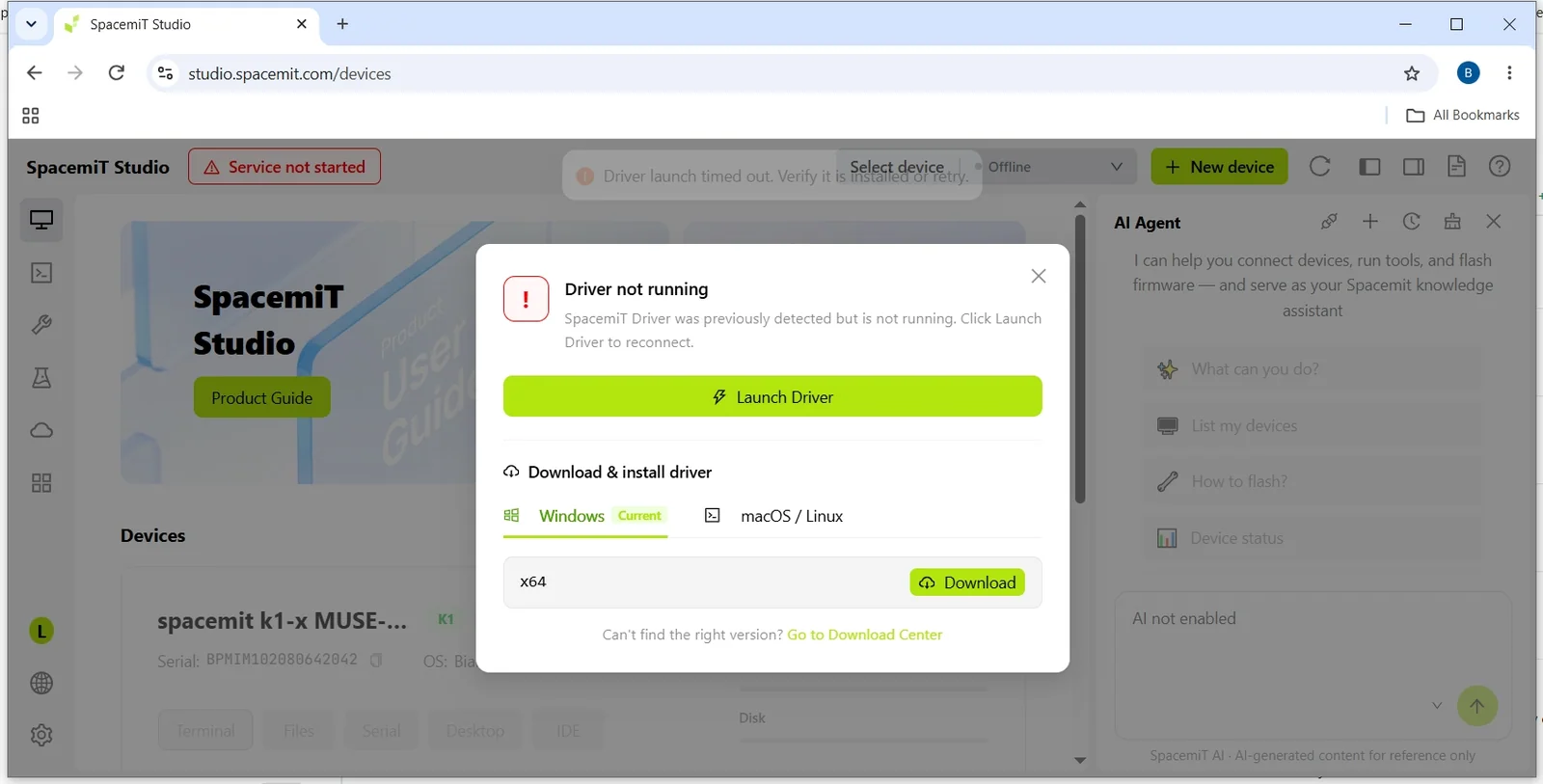 SpacemiT Studio displays the Service not started message