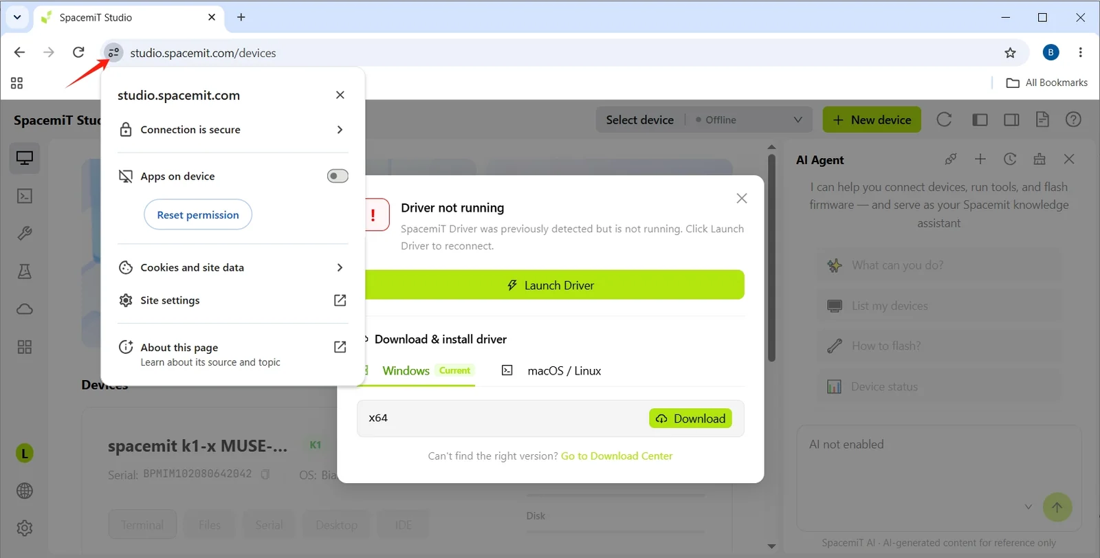 Chrome site information menu with Apps on device disabled