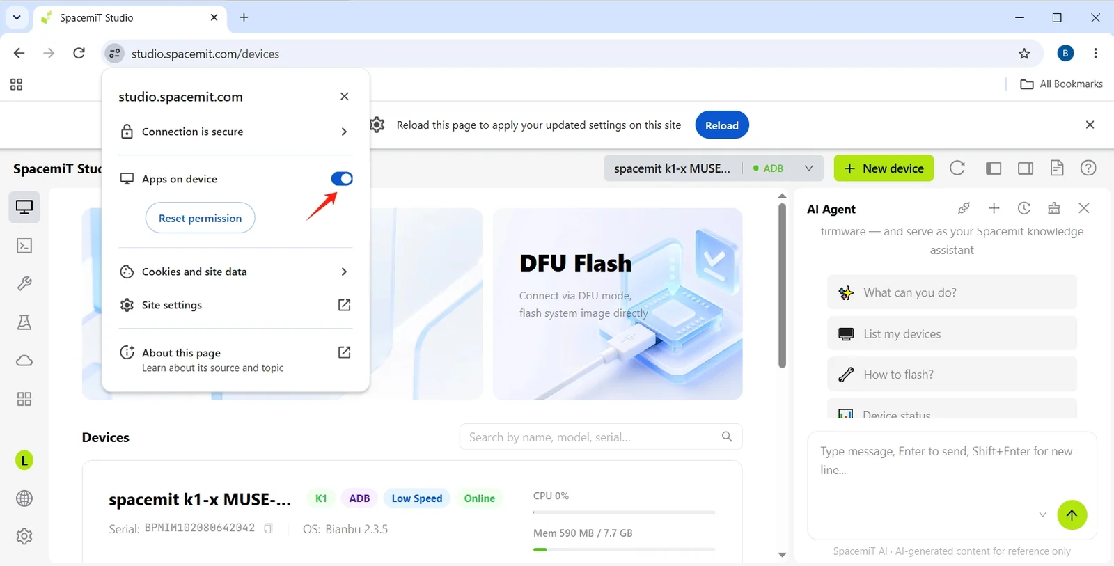 Chrome site information menu with Apps on device enabled