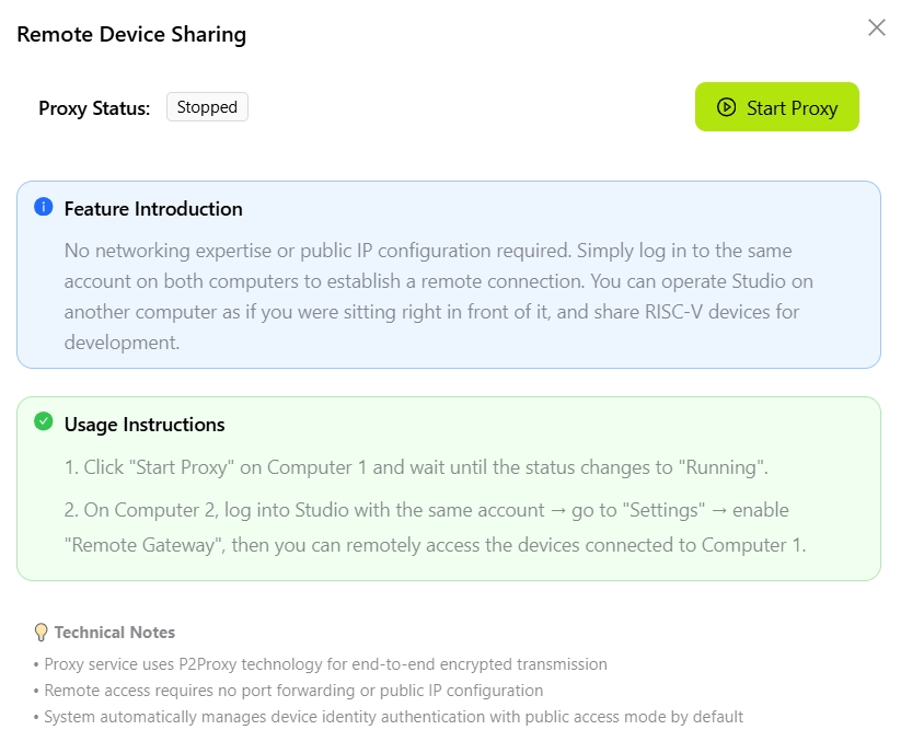 Remote Device Sharing configuration dialog