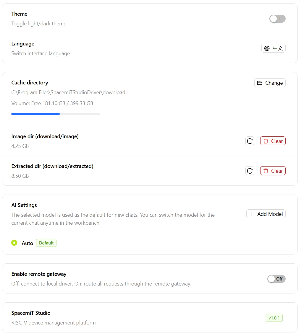 Settings page