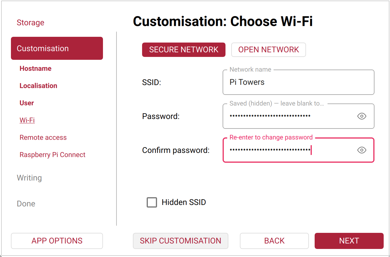 Imager OS 自定义 Wi-Fi 选项卡。
