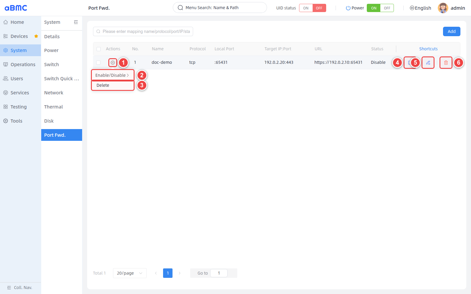 Manage port forwarding rules