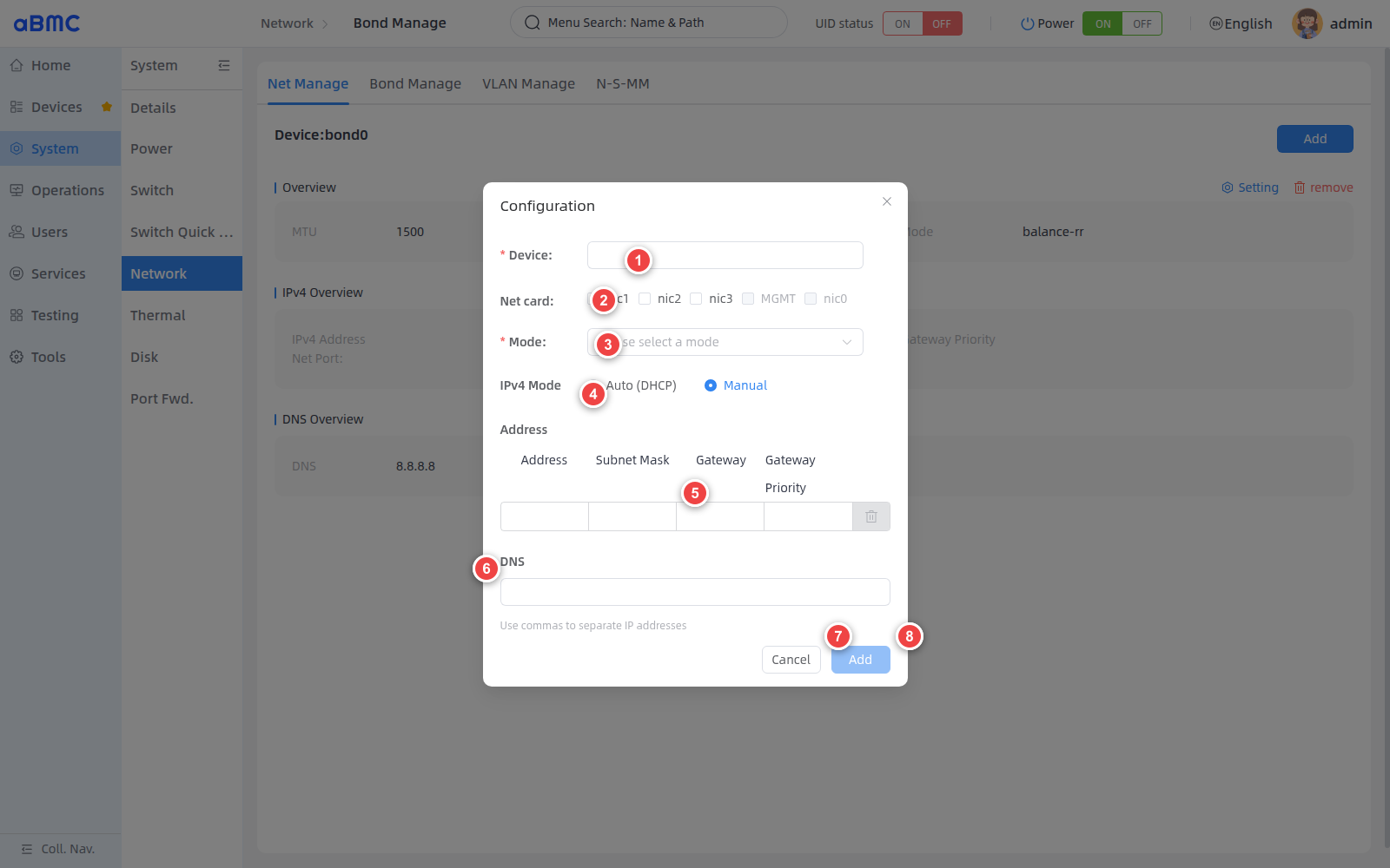 Add a Bond device: 1 device name, 2 member ports, 3 aggregation mode, 4 IPv4 mode, 5 IPv4 parameters, 6 DNS, 7 cancel, 8 add