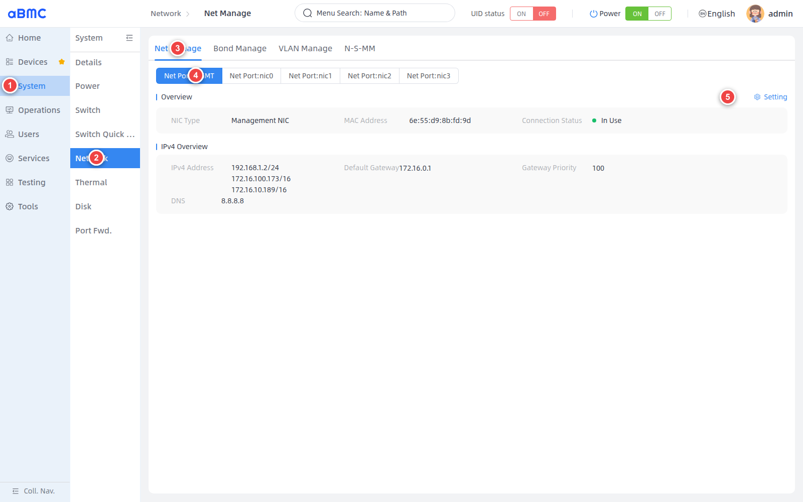 Open the BMC network management page: 1 select System, 2 select Network, 3 select Net Manage, 4 select the network port, 5 open settings